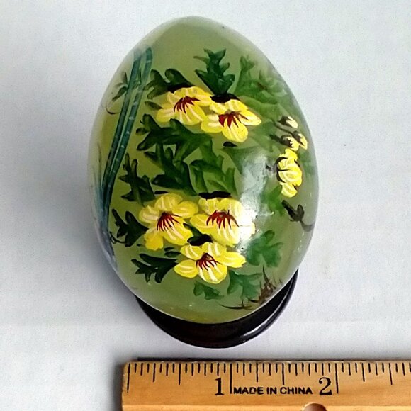 Vintage Chinese Jade Green Egg Trio Hand Painted Stones w/Stands - Picture 3 of 15